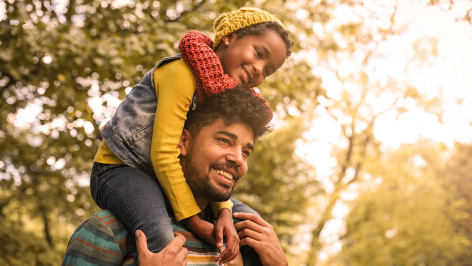 Daughter sat on fathers shoulders smiling