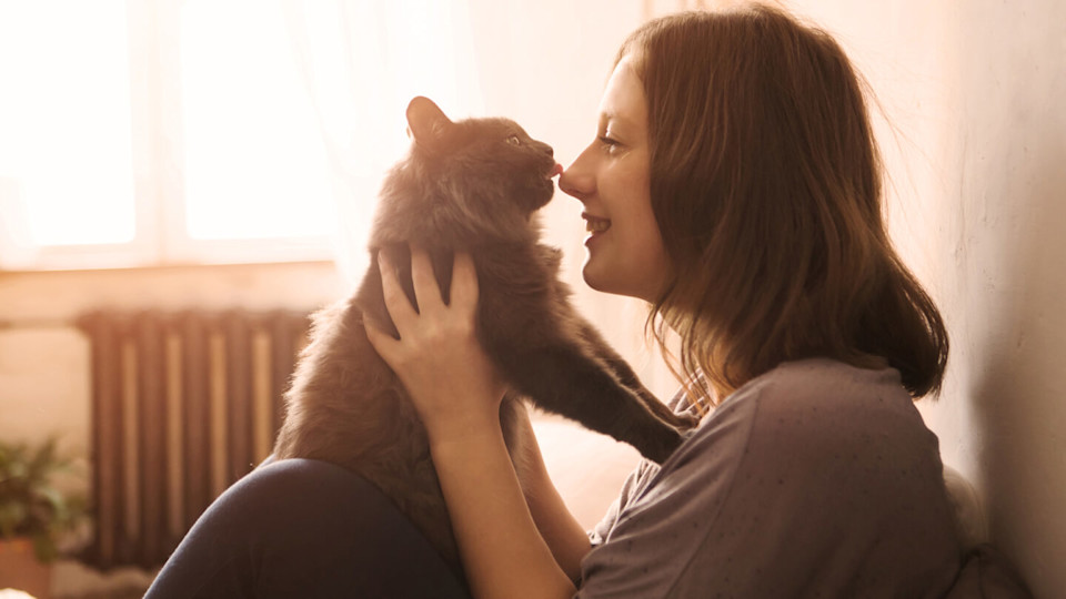 Young woman playing with black cat